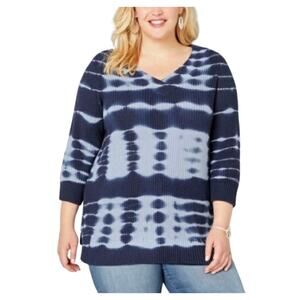 Avenue Blue Tie Dye 3/4 Sleeve V-Neck Sweater 14/16
